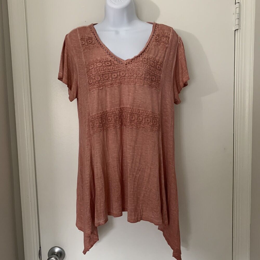 Artesia Embroidered Lagenlook Distressed Tunic Pink, With V Neck Med